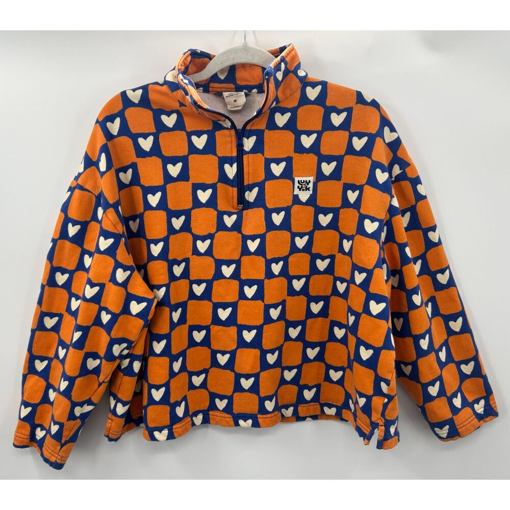 Lucy & Yak Orange and Blue Heart Checkerboard Half-Zip Sweatshirt